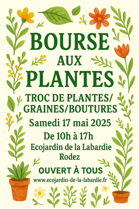 Annonce d'un troc de plantes à Rodez, le 17 mai 2025, avec détails de l'événement.